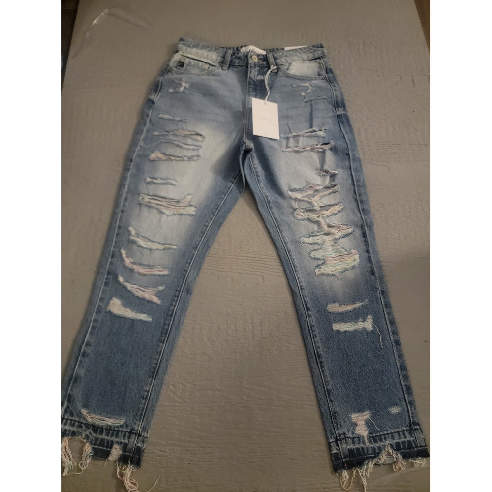 ♡KanCan Womens High Rise Distressed Straight Jeans Rainbow Thread Size 5 26